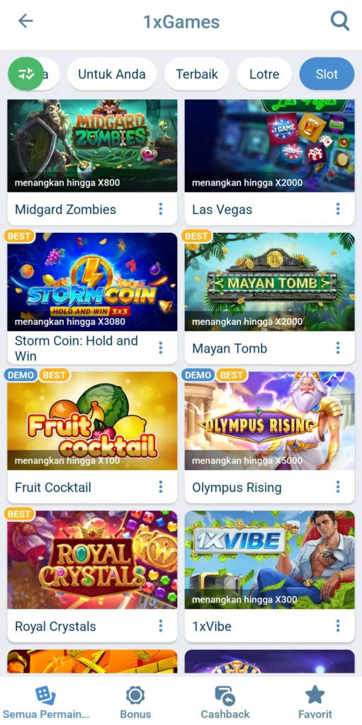 Slot Games dalam 1xBet aplikasi